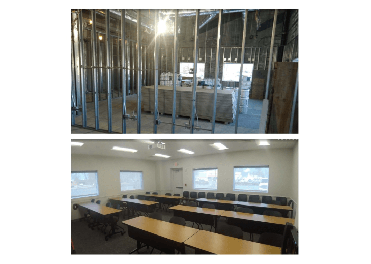 Construction framing and completed conference room with tables and chairs